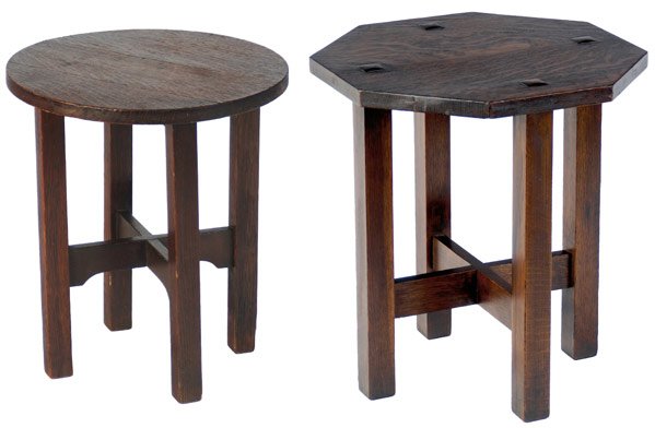 GUSTAV STICKLEY / L. and J.G. STICKLEY Tabourets: GUSTAV STICKLEY / L. and J.G. STICKLEY Two tabourets: L. & J.G. Stickley octagonal, its legs mortised through the top (no. 559), Handcraft decal, 20" x 18" sq.; together with Gustav Stickley circular-