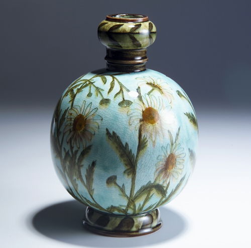 JOHN BENNETT Rare spherical vase painted with whit: JOHN BENNETT Rare spherical vase painted with white daisies and butterflies on a turquoise ground, 1878. In green ink J. BENNETT/C24/N.Y./JULY 1878/KJ. 8 1/4" x 5 1/2"