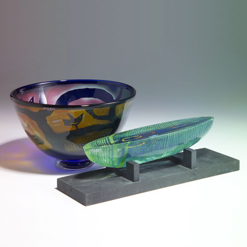 BERTIL VALLIEN/KOSTA BODA Two fine and unusual gla: BERTIL VALLIEN/KOSTA BODA Two fine and unusual glass pieces: a footed bowl with acid-etched interior depicting a stylized landscape with birds; and a boat-shaped sculpture with submerged decoration in
