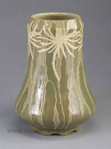Exceptional NEWCOMB COLLEGE factory lamp: Exceptional NEWCOMB COLLEGE factory lamp base carved and slip-decorated by Elizabeth Rogers with ivory mums and green leaves on a celadon ground, 1895-98. (Featured in "Newcomb Pottery: An Enterprise