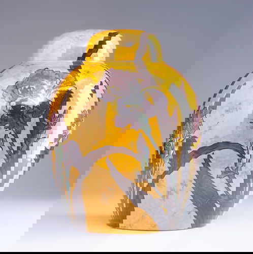 JOHN BENNETT Large covered jar painted with deep p: JOHN BENNETT Large covered jar painted with deep purple bearded irises on a cadmium yellow ground, the interior of the lid painted with indigo and green flowers, 1881. (Extraordinary). From the Estate