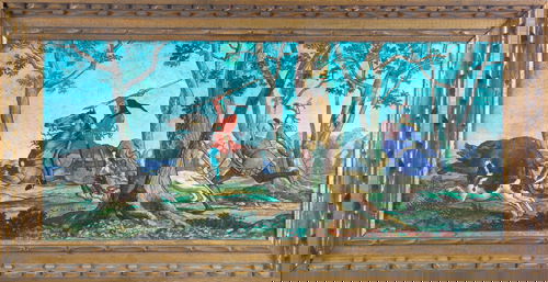 THEODORE DECK Plaque designed by Eugene Gluck depi: THEODORE DECK Plaque designed by Eugene Gluck depicting a boar hunt in majolica glazes, 1866. Restoration to Y-line and chip on left edge. Mounted in gilded frame. Signed E. Gluck 1866/Th. Deck 1866 a