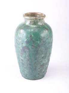 FULPER Ovoid vase covered in fine, frothy, crystal: FULPER Ovoid vase covered in fine, frothy, crystalline matte green glaze. Vertical mark. 9 1/2" x 5 1/2"