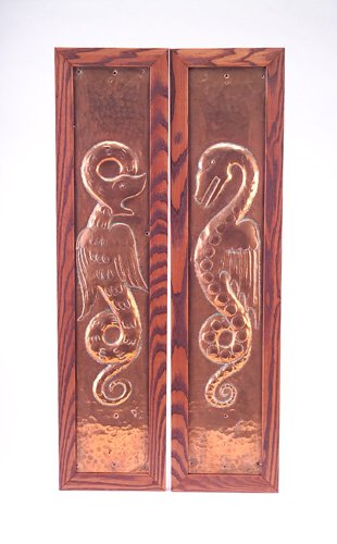 JOHN PEARSON (ATTR.) Pair of tall hammered copper: JOHN PEARSON (ATTR.) Pair of tall hammered copper panels with gargoyles in repousse. Trace of verdigris patina along figures' edges. Several drilled holes to each panel. Mounted in wooden frames. Sigh