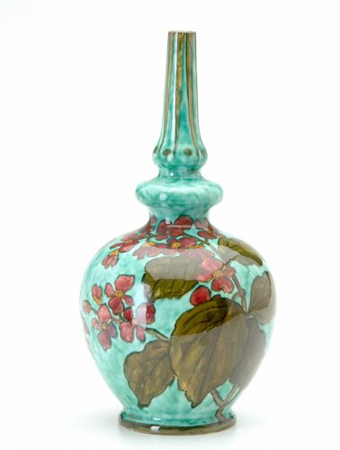JOHN BENNETT Bottle-shaped bud vase painted with re: JOHN BENNETT Bottle-shaped bud vase painted with red quatrefoils on a turquoise ground. In ink 'John Bennett East 24 NY/CR' in circle. 11" x 5"