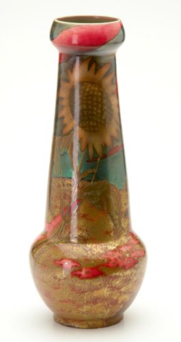 ZSOLNAY Tall and exceptional bulbous vase painted: ZSOLNAY Tall and exceptional bulbous vase painted with sunflowers in a landscape in rich lustered glazes. Professional restoration to several hairlines. Five castle medallion/7879/36/18. 17" x 8"
