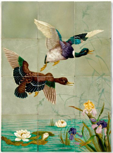 THEODORE DECK Twelve-tile panel painted by Ernest: THEODORE DECK Twelve-tile panel painted by Ernest Carriere with ducks above a pond with water lilies and irises. Restoration to glaze on three tiles. Signed TH.DECK. and ERNEST CARRIERE. Each tile, 10