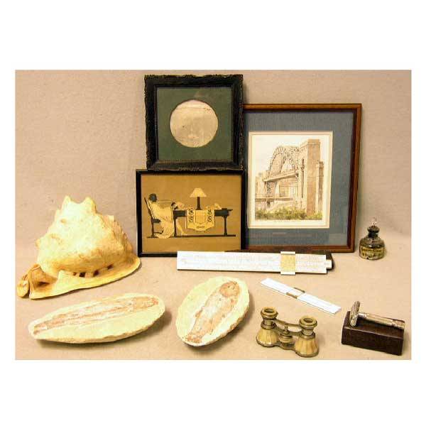 Collectables - Miscellaneous collectors items: a ve: Collectables - Miscellaneous collectors items: a very large conch shell, a pair of French mother of pearl inlaid opera glasses, a brown bakelite cased razor, a square ebonised oak frame, a Bobella sil