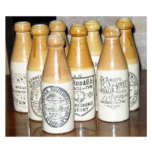 Ceramics - Eight stoneware beer bottles: JT Maugh: Ceramics - Eight stoneware beer bottles: JT Maughan - Coundon, John Thompson – Blyth, Hodgson & Downs - Stockton/Middlesborough, Bewick Brothers - Blaydon, John Powton – Newcastle, R Emmerson –