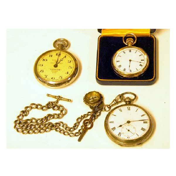 Watches - A hallmarked silver pocket watch dated: Watches - A hallmarked silver pocket watch dated 1912, complete with Albert chain with watch key, compass and coin medallions, a Younger brewers commemorative 1935 pocket watch and a cased gold plated