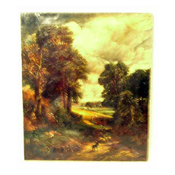 Fine Art - After John Constable, oil on canvas, n: Fine Art - After John Constable, oil on canvas, nineteenth century English landscape with sheep on path and boy drinking from pool, with figure in cornfield. (25in x 29.75in)