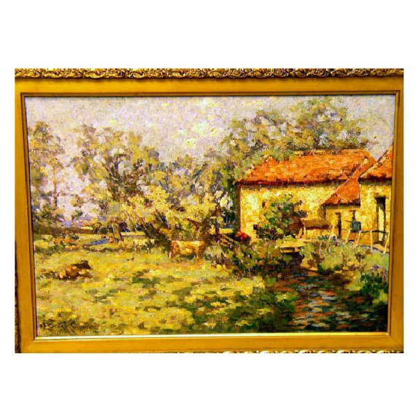 Art - Skene Gordon Cumming, oil on canvas, cows in: Art - Skene Gordon Cumming, oil on canvas, cows in field by Houston water mill, Preston Kirk, September Afternoon, signed and inscribed with title on label to verso, enclosed in foliate moulded gilt f