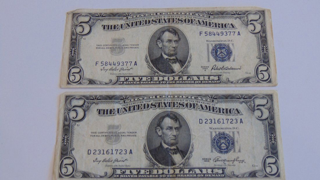 Lot of 2 $5 Silver Certificates Blue Seals 1953,1953A (1 of 1)