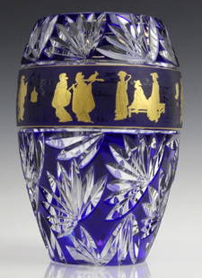 VAL ST LAMBERT COBALT CUT TO CLEAR CHINOISERIE VASE: Chinoiserie Cobalt Cut to clear with gold Chinese theme band around the circumference of the vase. Measures 9 1/2" tall. Signed on base. In excellent condition. No damage or previous repairs to