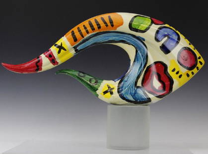 Signed Peter Keil (1942-) Painting Art Glass Sculpture: Peter Keil ( 1942-Present, Germany) painted glass sculpture. Features a neo expressionist motif on a found signed Seguso art glass form. Signed Peter Keil 75 in inner verso. Glass base signed. Measure