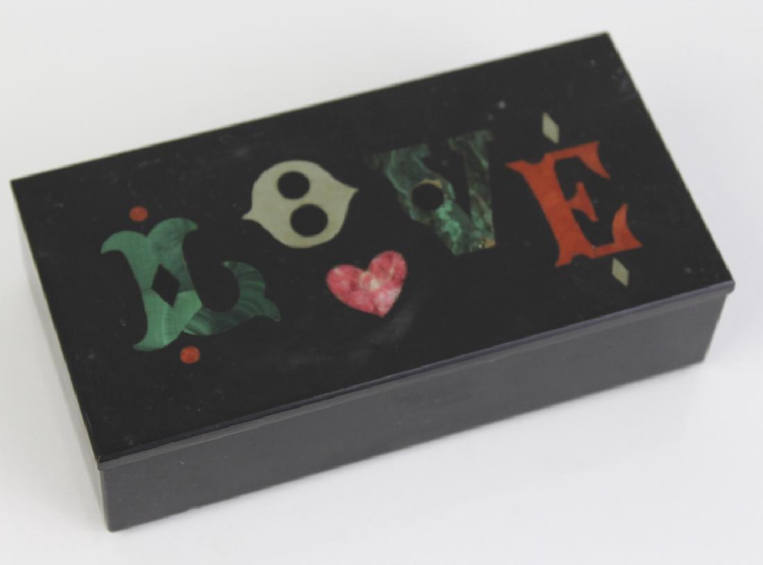 Richard Blow Pietra Dura 1960's Love Inlaid Stone BOX: Richard Blow (1904-1983) American. Rare Pietra Dura Inlaid Stone Covered Marble Box. Features The Word Love On the Lid In Stone Inlay. Marked On the Bottom With Artist makers Mark. Good condition. Mea