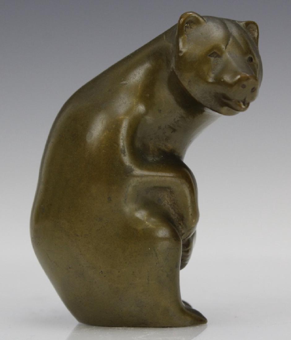 Signed Peter Hayward Miniature 3" Bronze Bear Sculpture: Signed Hayward bronze bear sculpture. Attributed to Peter Hayward (1905-1993 USA). Features a stylized bear motif with the bear crouched and peering to the left. Signed in block letters on the bottom