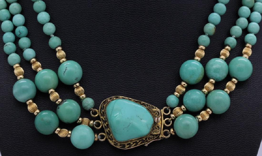 Chinese Silver w Triple Strand Blue Turquoise Necklace (1 of 8)