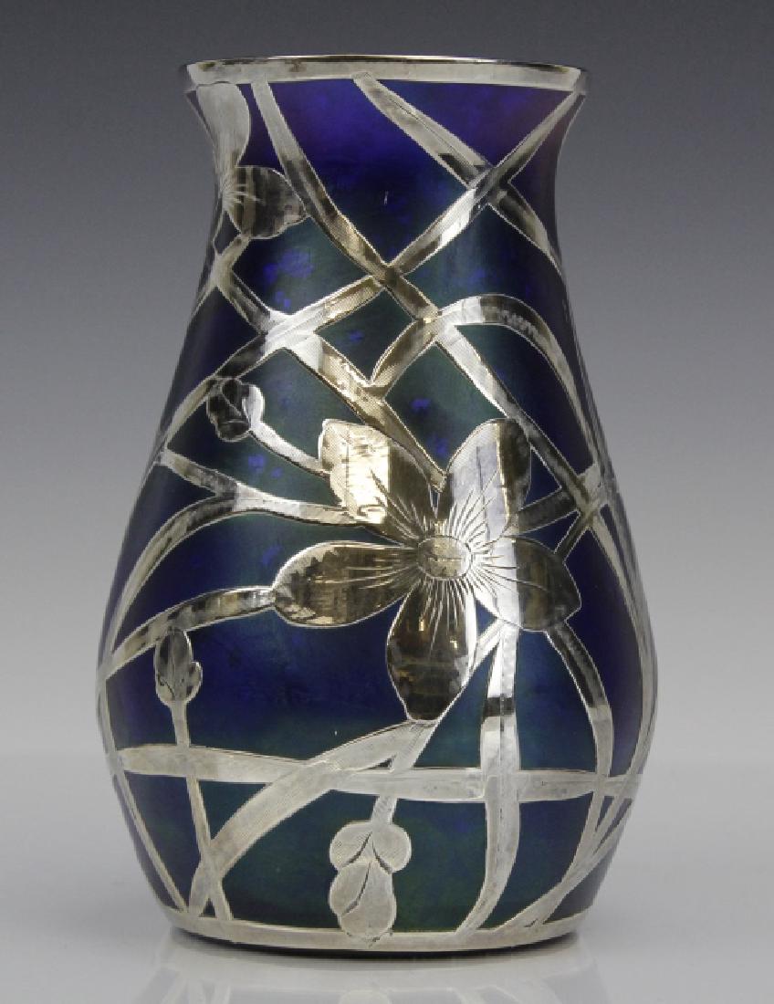 Loetz Type Blue Art Glass Sterling Silver Overlay Vase (1 of 10)