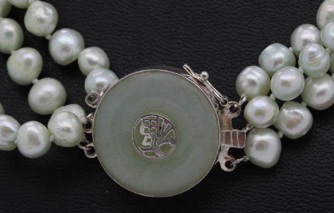 Chinese Green Jade 3 Strand .925 Silver Pearl Necklace (1 of 5)