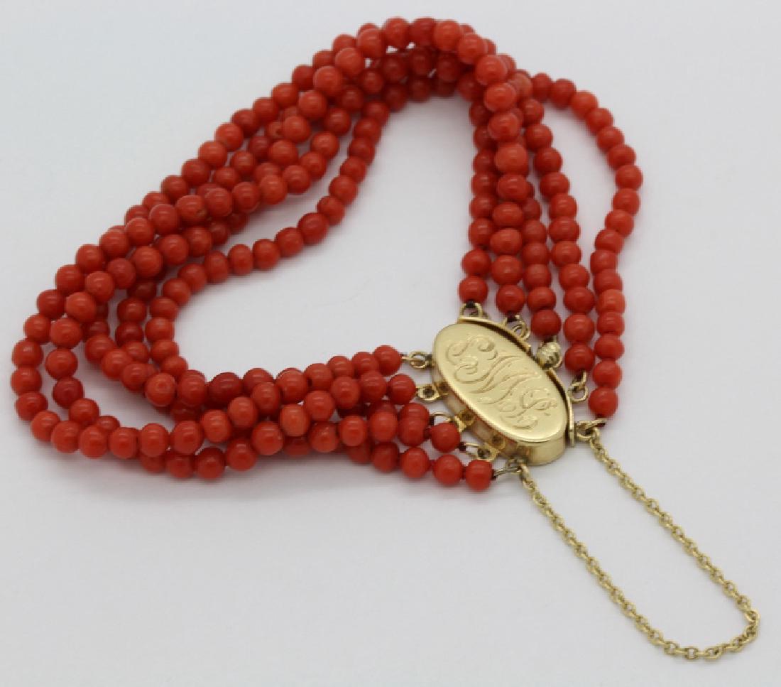14k Gold 5 Strand Deep Natural Red Coral Bead Bracelet (1 of 6)