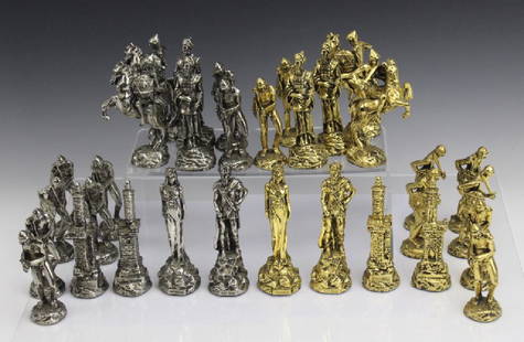 Yaacov Heller Israelites Philistine CHESS SET Complete: Rare chess set by Jerusalem, Israel artist Yaacov Heller of the Israelites and Philistines. Complete set crafted in gold and silver finish each piece is signed and dated 93 and some titled with