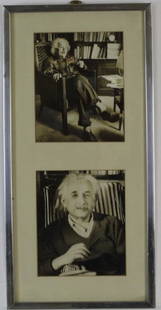 Original ALBERT EINSTEIN Black & White Photograph Photo: Frame containing two vintage black and white photographs of Albert Einstein. Top photo shows a relxed Einstein in leather jacket smoking a pipe. Possibly from the photo shoot with Lotte Jacobi taken