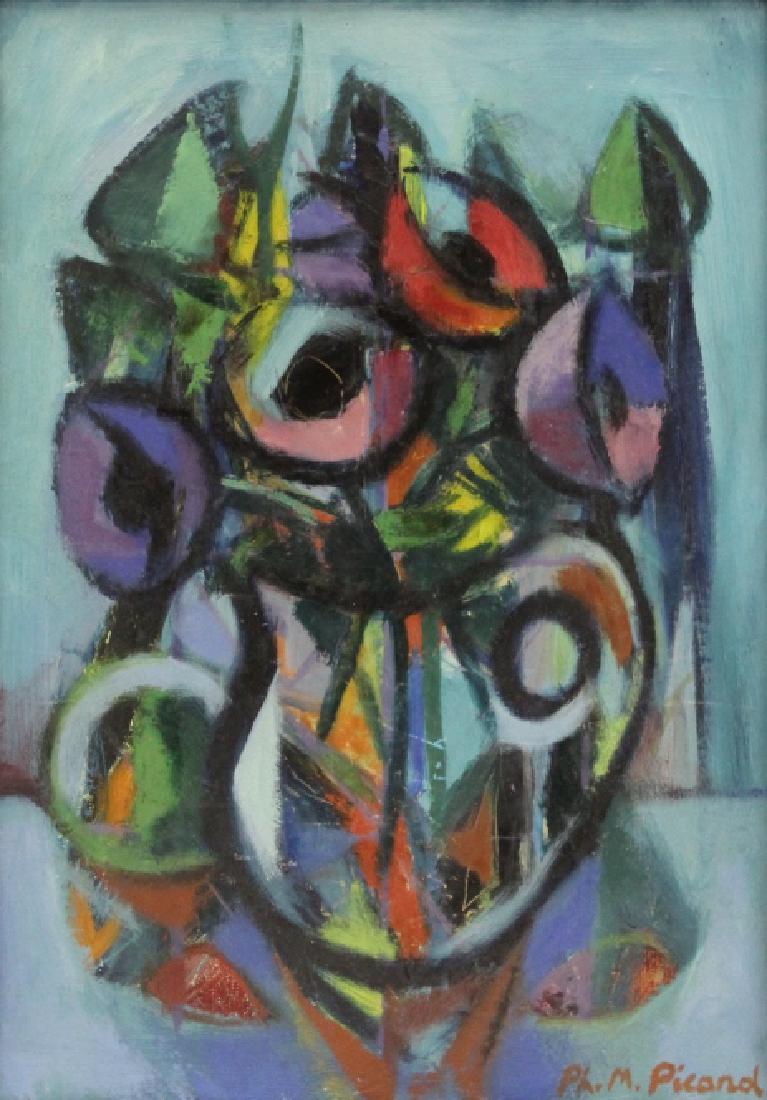 PHILIPPE MARIE PICARD Cubist Still Life Painting: Cubist still life oil on canvas painting by Philippe Marie Rene Picard (1915-1997 France). Depicts a floral arrangement with fruit in the cubist mid century modern style. Very nice blue tones with bri