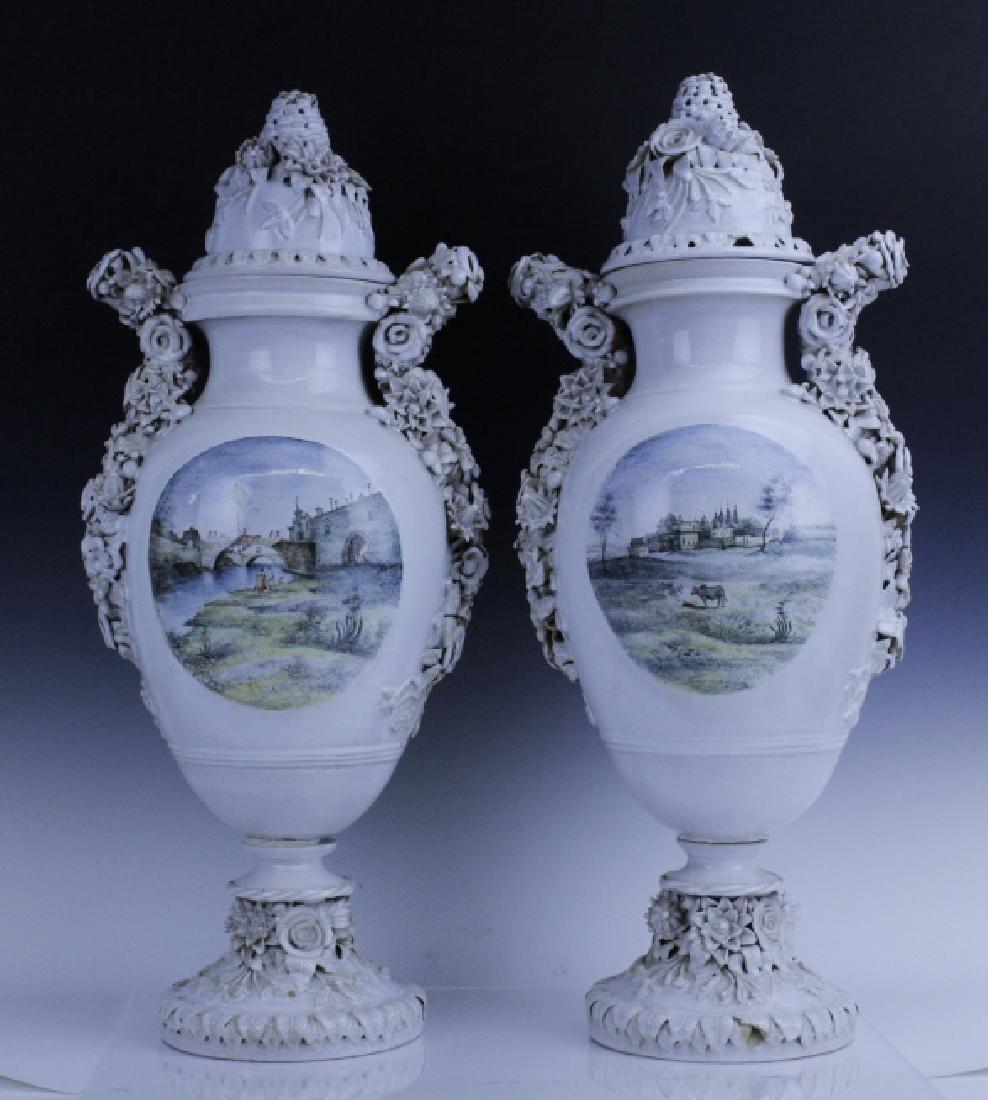 Pair Large Italian Tin Glazed Pottery Scenic Urn (1 of 10)