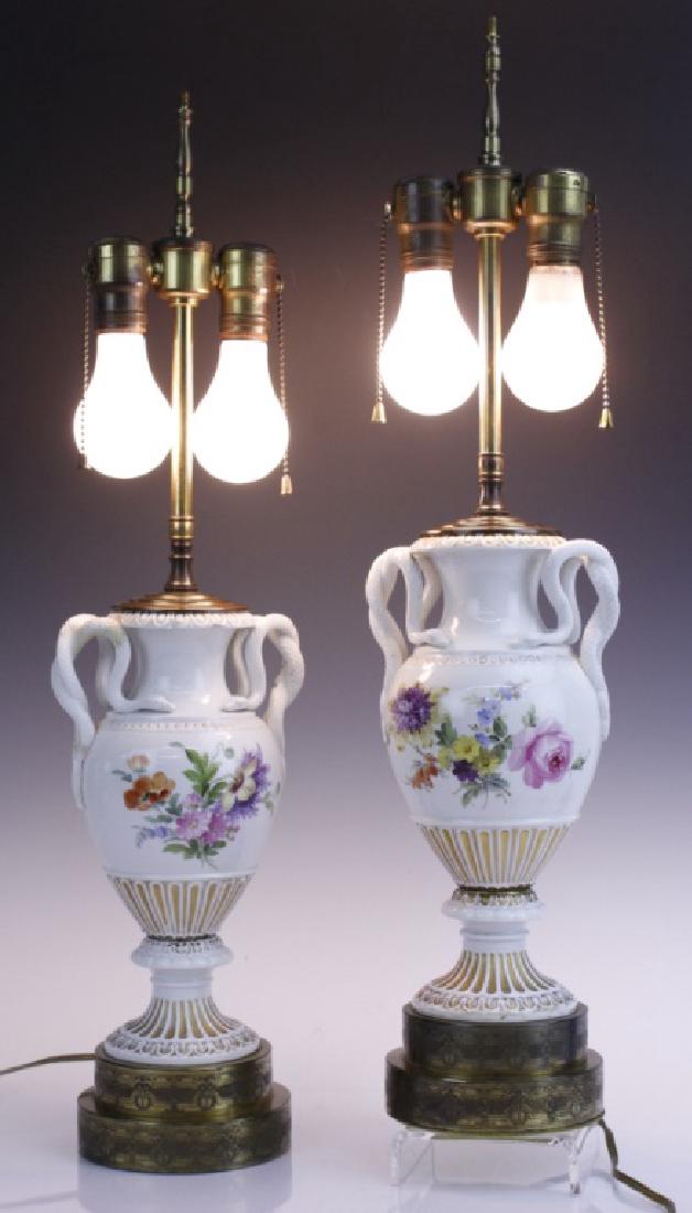 Pair Antique MEISSEN Snake Handle Floral Vase Lamp (1 of 8)