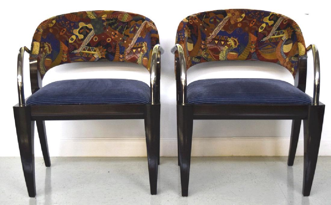 Set of 4 BRUETON Willow Arm Modernist Chairs: Fabulous set of four arm or captain chairs by Brueton. Willow chair designed by Mitchell Pickard. Features a custom ebonized finish with chromed armes and colorful abstract upholstery. Retains origina