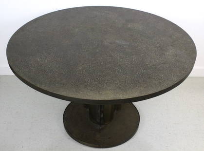 Philip & Kelvin Laverne Etruscan Dining Game Table: PHILIP LaVERNE (1908 - 1988);KELVIN LaVERNE (b. 1936);Etruscan Spiral dining or game table, New York, 1960s; Etched, patinated, and polychromed bronze, pewter; Etched signature to base; Measures 28" x