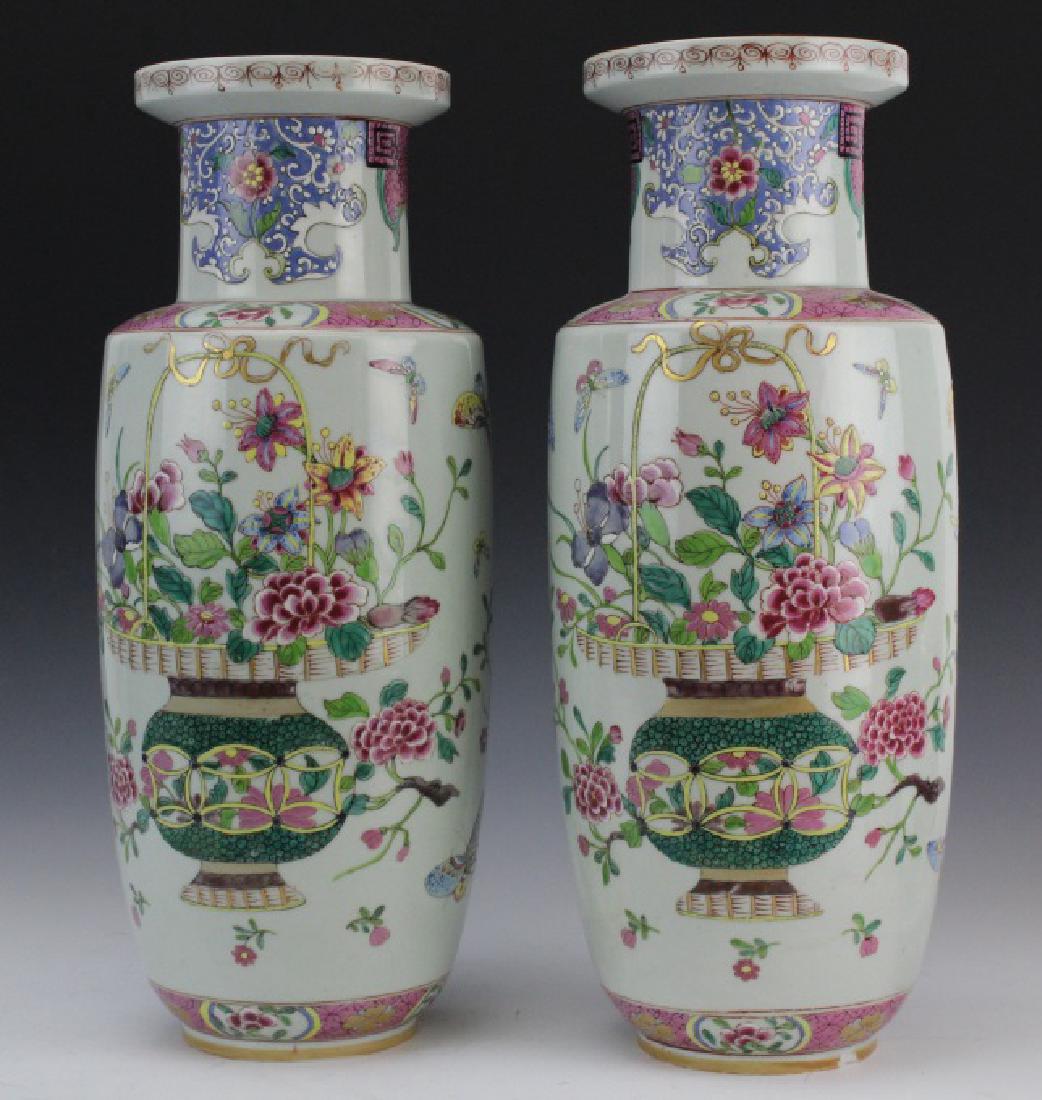 Pair Chinese Famille Rose Rouleau Porcelain Vases (1 of 9)