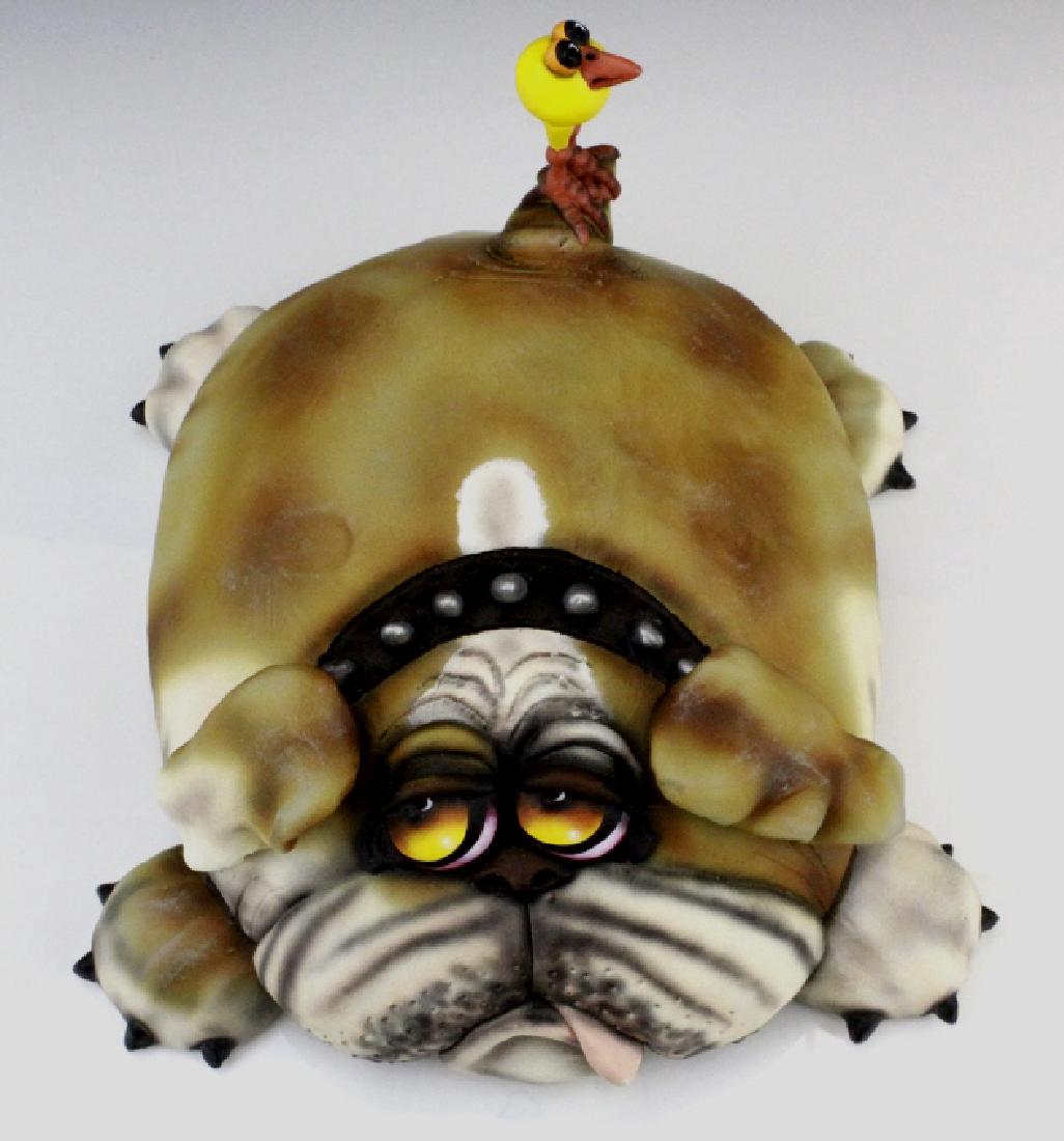 TODD WARNER Baby's First Step Bulldog Dog Art Sculpture: Original signed limited edition sculpture by Todd Warner (1945- American) Features a tough looking bulldog with a small yellow baby bird on his tail. Signed on rear. Limited edition number 098/250. Go