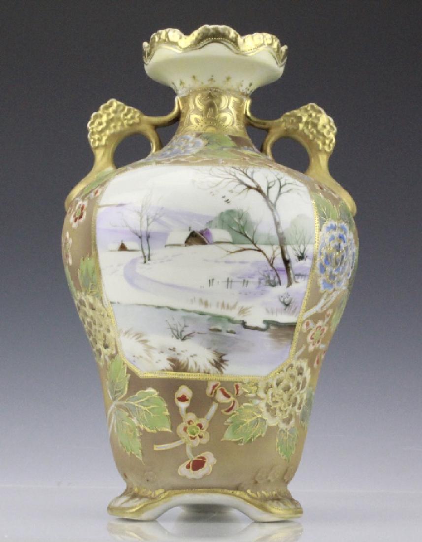 Nippon Painted Winter Landscape Footed Porcelain Vase (1 of 9)