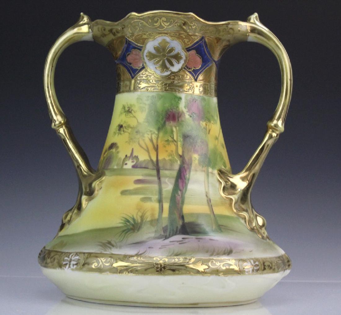 Nippon Double Handled Gilt Vase w/ Country Scene (1 of 9)