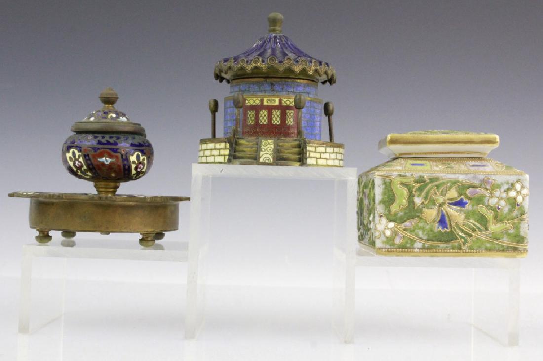 Lot of 3 French Enamel Coralene Cloisonne Inkwells (1 of 7)