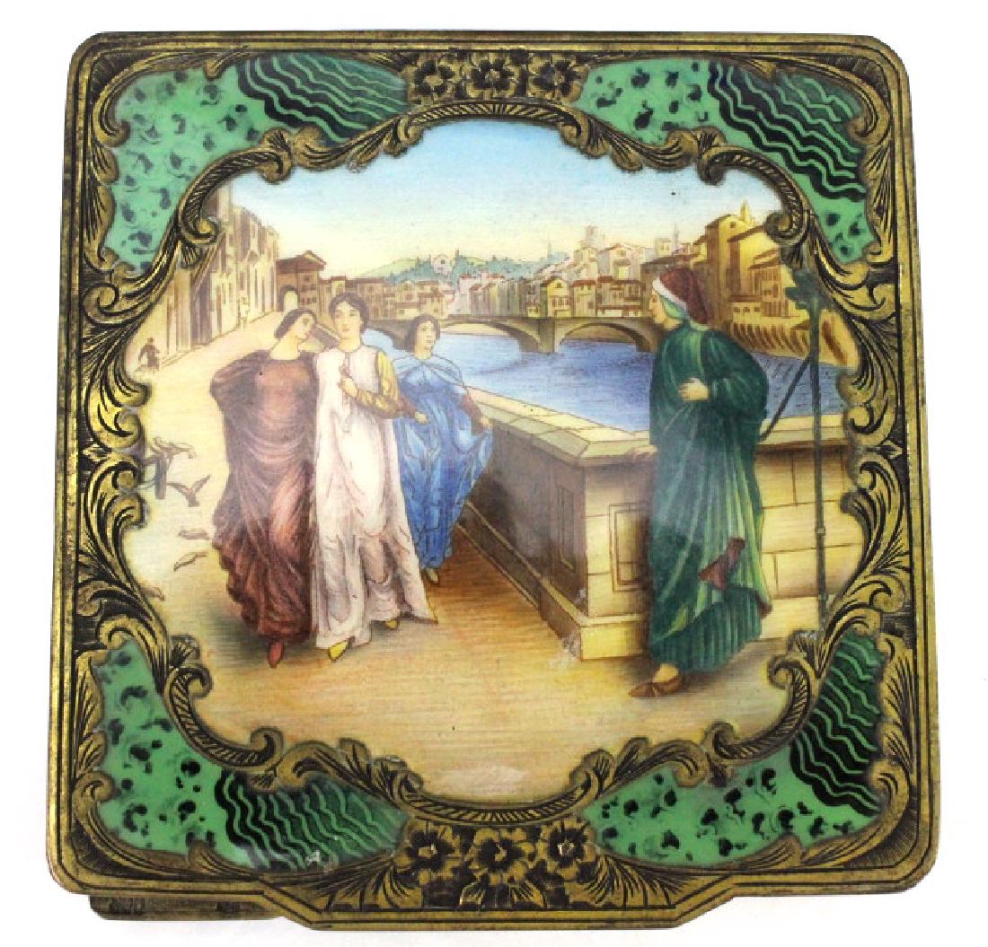 800 Silver Venetian Canal Scenic Enamel Compact: Crafted of 800 grade silver. Features a central cartouche with enameled scene of women and a city father. Scene appears to be of Venice. Green enameled corners with ornate foliate engraved surface. Go