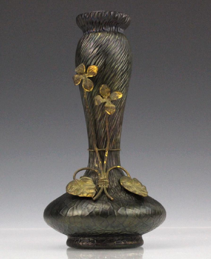 Loetz Iridescent Black Art Glass Vase w/ Metal (1 of 10)