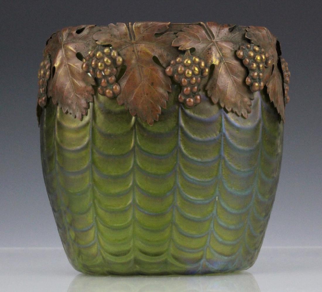 Loetz Copper Mounted Iridescent Green Glass Vase (1 of 7)