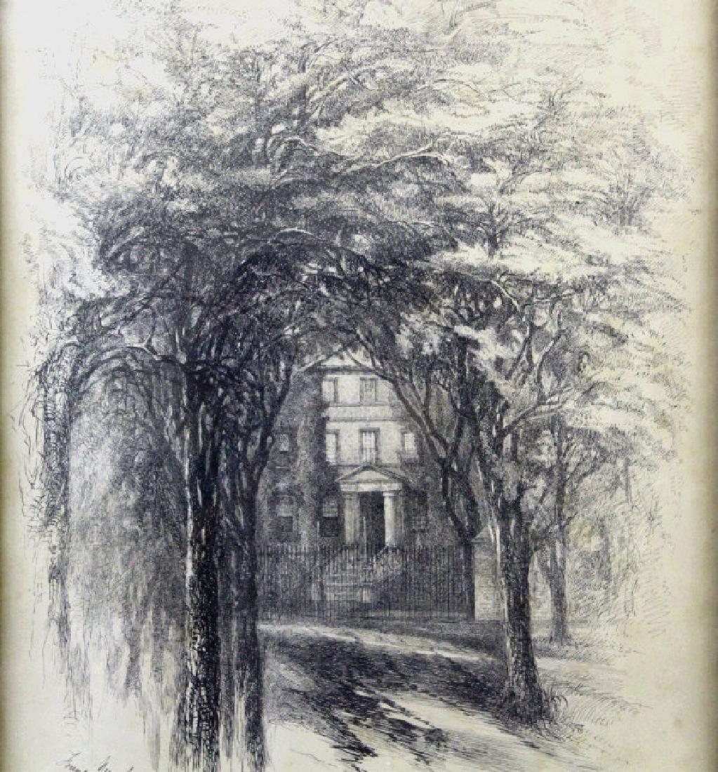 Eliza Greatorex 1869 Ink Sketch, New York Hospital: Eliza Greatorex (1819-1897) New York, France, Ireland. Ink on paper sketch of the New York Hospital. Signed and dated lower right. Text in lower left reads "New York Hospital Founded by the Earl of Du