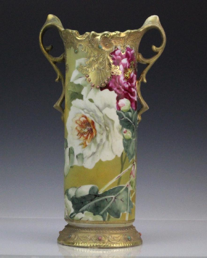 Nippon 2 Handled Jeweled Moriage Gilt Floral Vase (1 of 9)