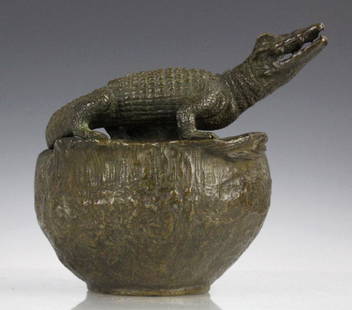 Large Austrian Bronze Goldscheider Alligator Vase: Friedrich Goldscheider (1845-1897) European, late 19th century bronze vase. Features attentive alligator on top of vase. Marked on base with manufacturer's stamp. Measures 7" x 8". Very good condition