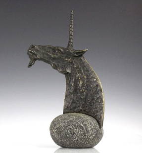 Signed Mimmo Paladino Bronze Unicorn Sculpture 2/2: Beautiful piece designed by artist Mimmo Paladino. Features bronze unicorn bust on top of natural hard stone rock. Brutalist style with fine details. Signed on back, numbered 2/2. Measures 10" x 6".