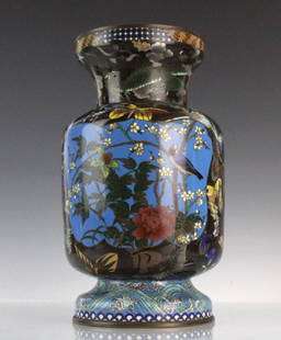 Japanese Cloisonne Enamel Butterfly Insect Vase: Fine quality Japanese cloisonne vase with butterflies and mountain landscape scene with ocean. Features a finely detailed background with wonderfully colored fine wire cloisonne butterflies and