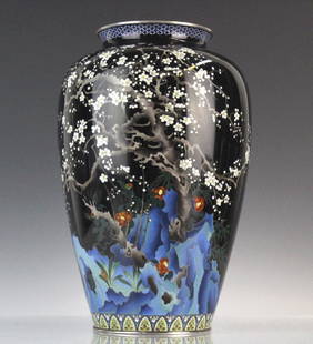 Japanese Ando Cloisonne Silver Cherry Blossom Vase: Fine quality Japanese Ando Jubei cloisonne vase with cherry blossoms and waterfall. Features a finely detailed wire cloisonne trees and nature scene.Lip and base in silver. Marked on base. Measures