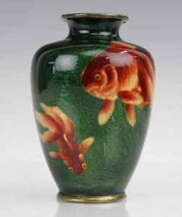 Tomeiyu Shippo Japanese Cloisonne Enamel Fish Vase: Japanese Tomeiyu Shippo cloisonne enamel pear shaped vase, Meiji period. Beautiful guilloche enamel work with fantail goldfish swimming on green ground. Top and base each have bronze mounts. Measures