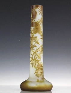 Galle PINECONE French Cameo Art Glass 13" Vase: Emile Galle, Nancy Pinecone pattern vase. Crafted of fine quality French art glass. Acid etched cameo design with pine branches and pinecones. Amber cut to clear with frosted and polished finish.