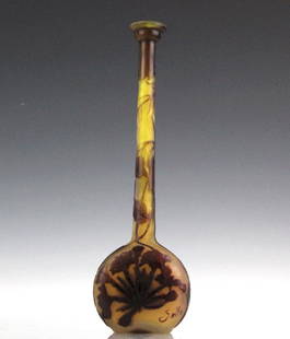 Galle French Cameo Etched Art Glass Banjo Vase: Emile Galle, Nancy floral banjo vase. Crafted of fine quality French art glass. Acid etched cameo design with floral and leafy vine motif. Delicate coloration with purple cut to amber. Frosted and