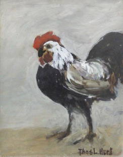 Thomas Lorraine Hunt Modernist Rooster Painting: Thomas Lorraine Hunt (1882-1938) California Canada. Oil on board modernist painting. Depicts a strong image of a standing rooster. Signed lower right Thos L. Hunt. Image measures approximately 10" x